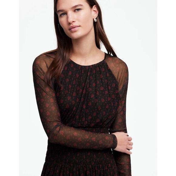 MADEWELL Black Red Smocked Midi Floral Print Sheer Lined Dress size XXL - Picture 5 of 15